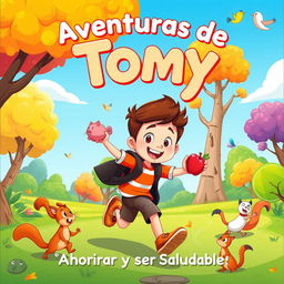 Cover illustration for a children's book titled "Aventuras de Tomy: ¡Ahorrar y Ser Saludable!"