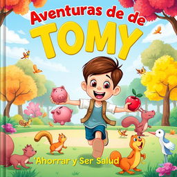 Cover illustration for a children's book titled "Aventuras de Tomy: ¡Ahorrar y Ser Saludable!"