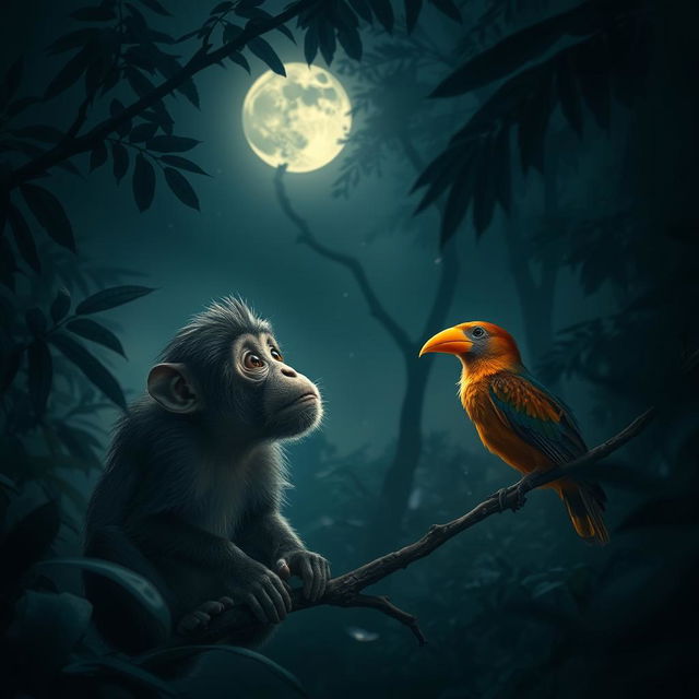 A monkey looking astonished in a dimly lit jungle, its eyes wide with surprise as it observes a bird with a golden beak that gleams even in the darkness