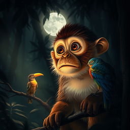 A monkey looking astonished in a dimly lit jungle, its eyes wide with surprise as it observes a bird with a golden beak that gleams even in the darkness