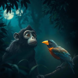 A monkey looking astonished in a dimly lit jungle, its eyes wide with surprise as it observes a bird with a golden beak that gleams even in the darkness