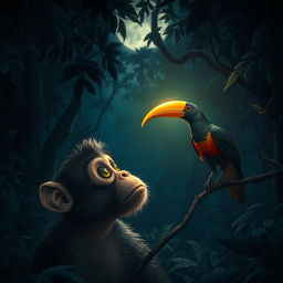 A monkey looking astonished in a dimly lit jungle, its eyes wide with surprise as it observes a bird with a golden beak that gleams even in the darkness