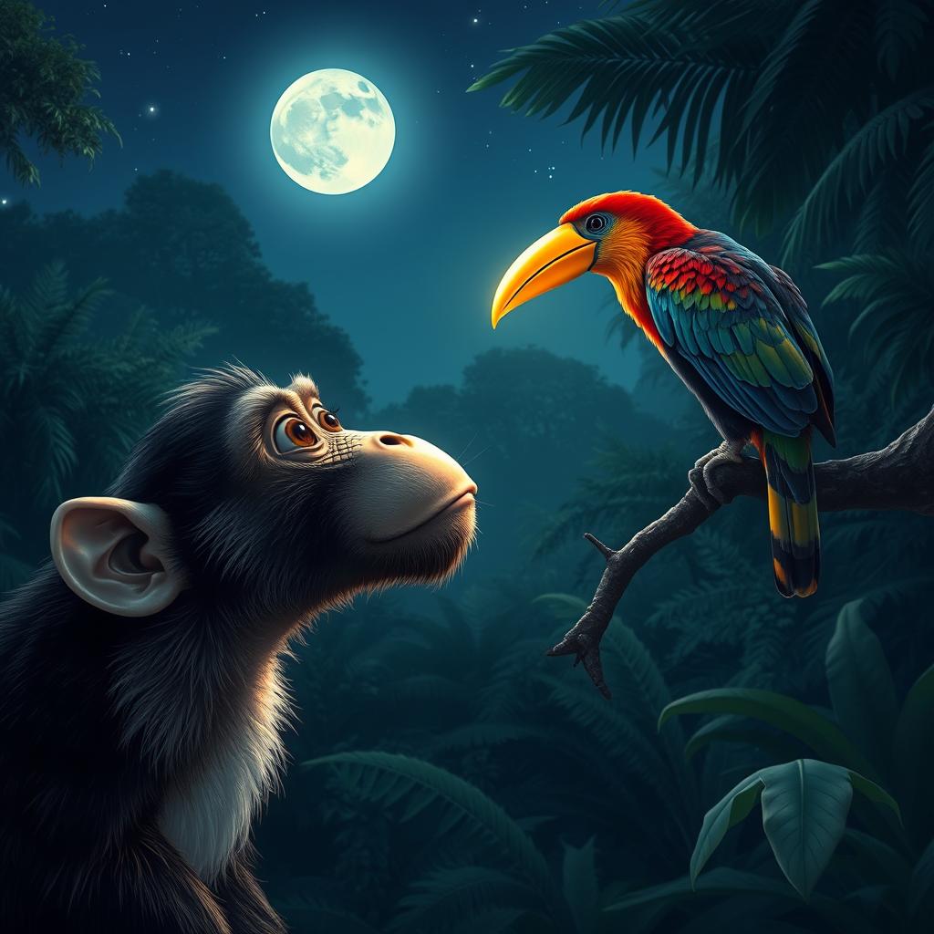 A monkey in an expression of astonishment, gazing at a magnificent bird with a golden beak that shines brightly even in the darkness