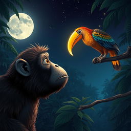 A monkey in an expression of astonishment, gazing at a magnificent bird with a golden beak that shines brightly even in the darkness