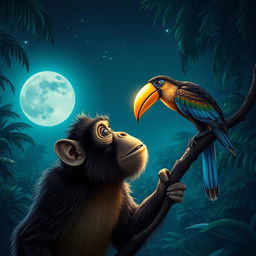 A monkey in an expression of astonishment, gazing at a magnificent bird with a golden beak that shines brightly even in the darkness