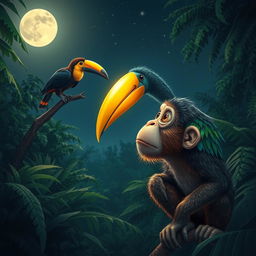 A monkey in an expression of astonishment, gazing at a magnificent bird with a golden beak that shines brightly even in the darkness