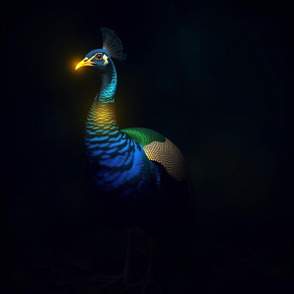 A majestic peacock named Meena with a glowing golden beak standing in a dimly lit environment, its beak illuminating the surrounding area with a mystical golden sheen