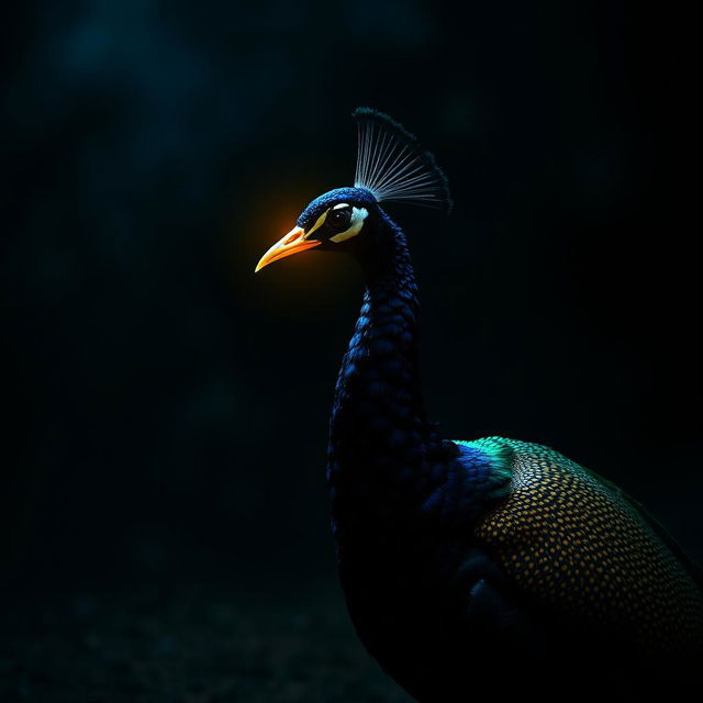 A majestic peacock named Meena with a glowing golden beak standing in a dimly lit environment, its beak illuminating the surrounding area with a mystical golden sheen