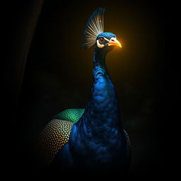 A majestic peacock named Meena with a glowing golden beak standing in a dimly lit environment, its beak illuminating the surrounding area with a mystical golden sheen