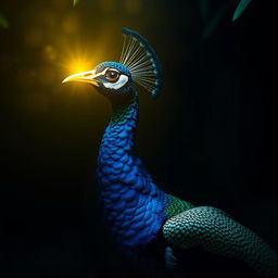 A majestic peacock named Meena with a glowing golden beak standing in a dimly lit environment, its beak illuminating the surrounding area with a mystical golden sheen