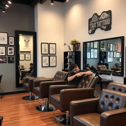 A modern and stylish tattoo studio interior, featuring contemporary decor with a blend of industrial and artistic elements