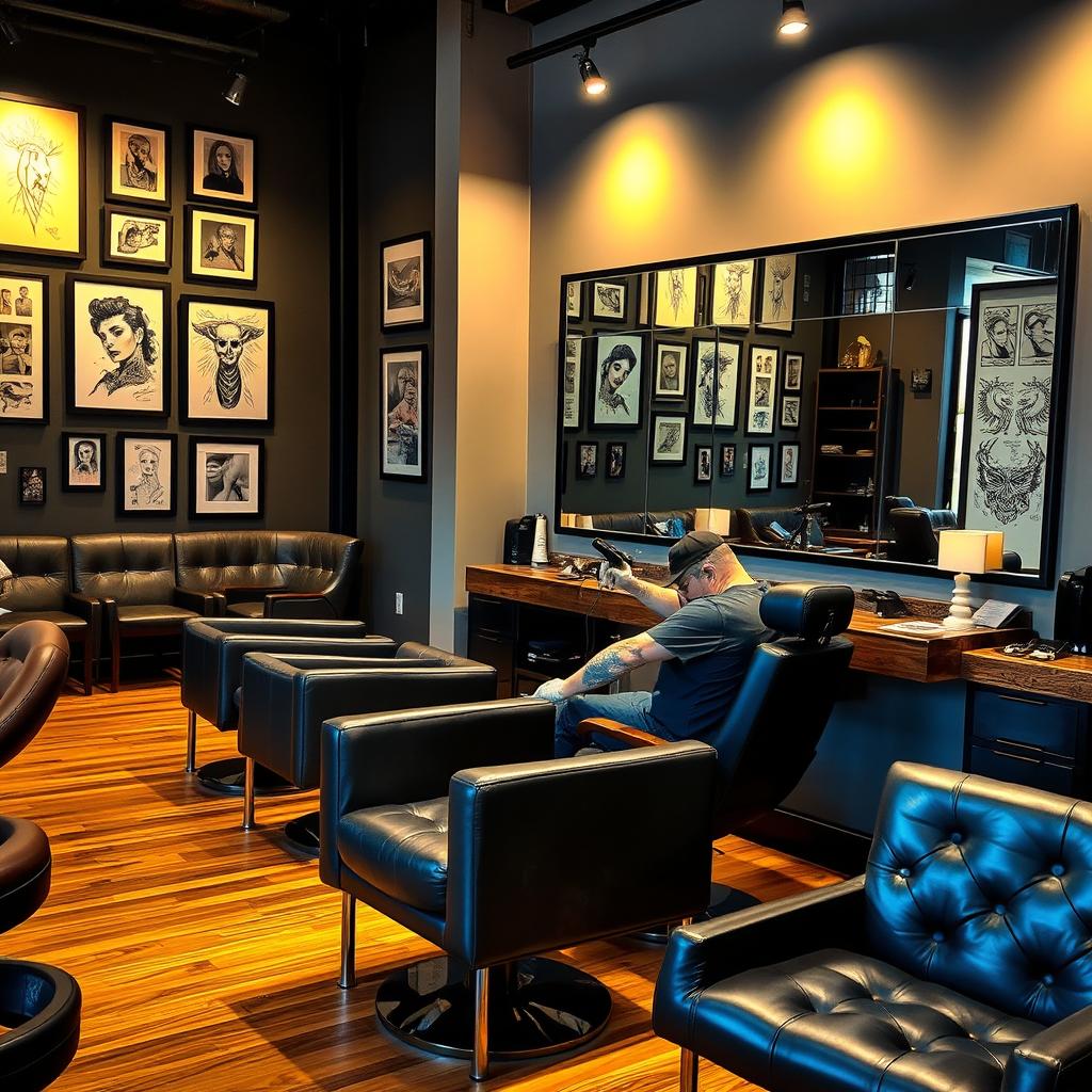 A modern and stylish tattoo studio interior, featuring contemporary decor with a blend of industrial and artistic elements