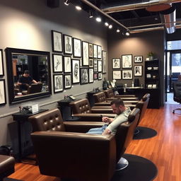 A modern and stylish tattoo studio interior, featuring contemporary decor with a blend of industrial and artistic elements