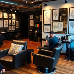 A modern and stylish tattoo studio interior, featuring contemporary decor with a blend of industrial and artistic elements