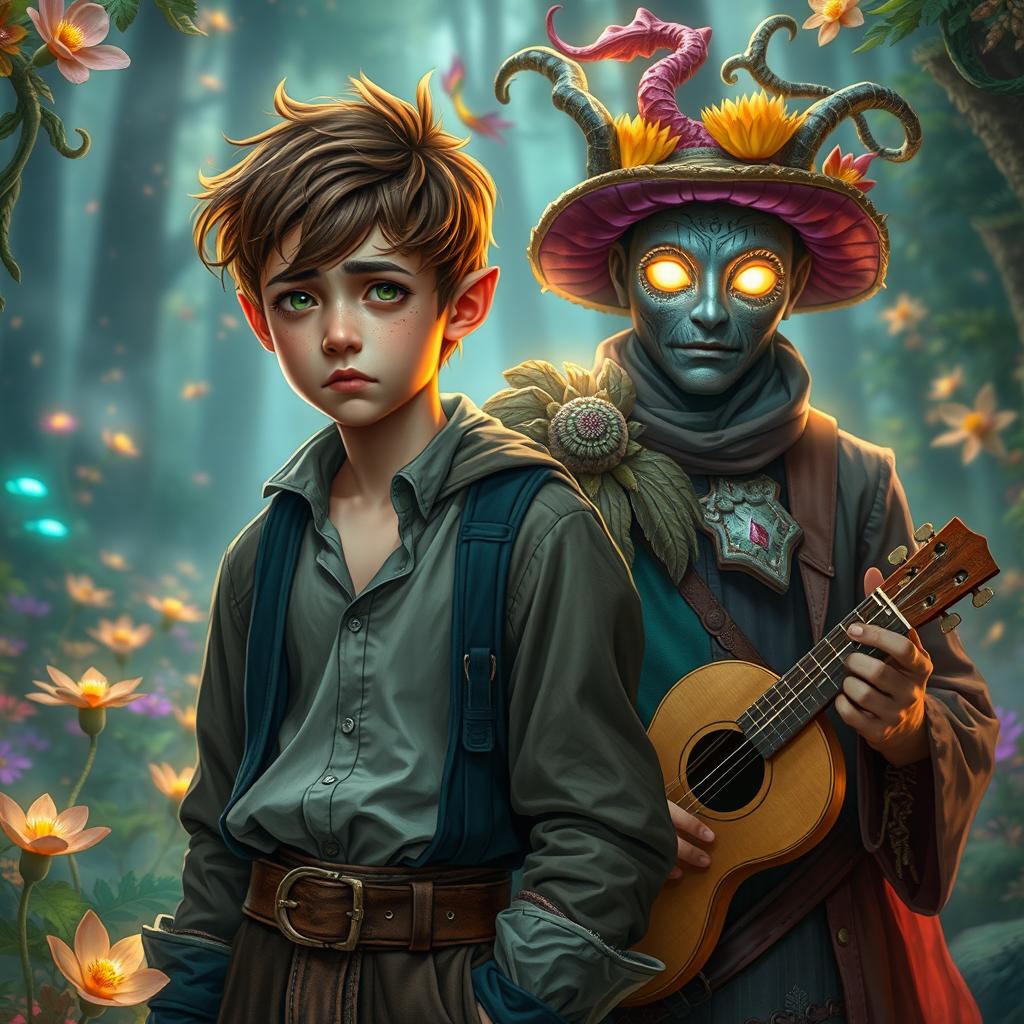 A worried young poet warlock, his youthful face showing a hint of stress and introspective thought, stands beside a mysterious musician traveller whose eyes glow with an otherworldly light