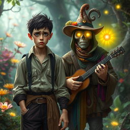 A worried young poet warlock, his youthful face showing a hint of stress and introspective thought, stands beside a mysterious musician traveller whose eyes glow with an otherworldly light