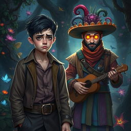 A worried young poet warlock, his youthful face showing a hint of stress and introspective thought, stands beside a mysterious musician traveller whose eyes glow with an otherworldly light