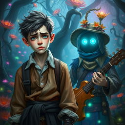 A worried young poet warlock, his youthful face showing a hint of stress and introspective thought, stands beside a mysterious musician traveller whose eyes glow with an otherworldly light