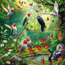 A vibrant and whimsical nature scene showcasing a diverse collection of birds and butterflies