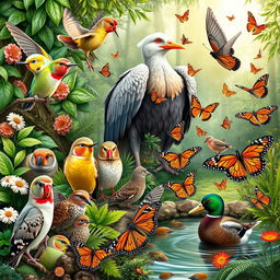 A vibrant and whimsical nature scene showcasing a diverse collection of birds and butterflies