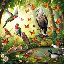 A vibrant and whimsical nature scene showcasing a diverse collection of birds and butterflies