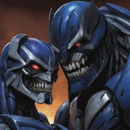 Megatron from Transformers bonding with Venom from Marvel comics. They are both in their iconic forms, exchanging menacing glances while a blue aura surrounds them.