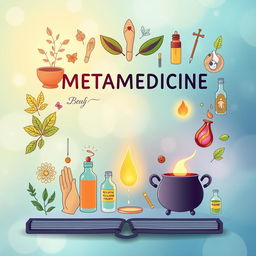 A comprehensive book cover illustration that represents the theme of metamedicine and alternative medicine