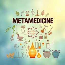 A comprehensive book cover illustration that represents the theme of metamedicine and alternative medicine