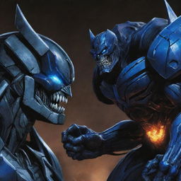 Megatron from Transformers bonding with Venom from Marvel comics. They are both in their iconic forms, exchanging menacing glances while a blue aura surrounds them.