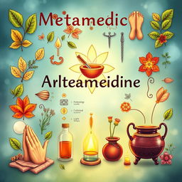 A comprehensive book cover illustration that represents the theme of metamedicine and alternative medicine