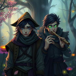 A worried poet warlock, his youthful face marred by contemplative concern, stands beside a handsome traveller whose eyes glow with an enchanting light