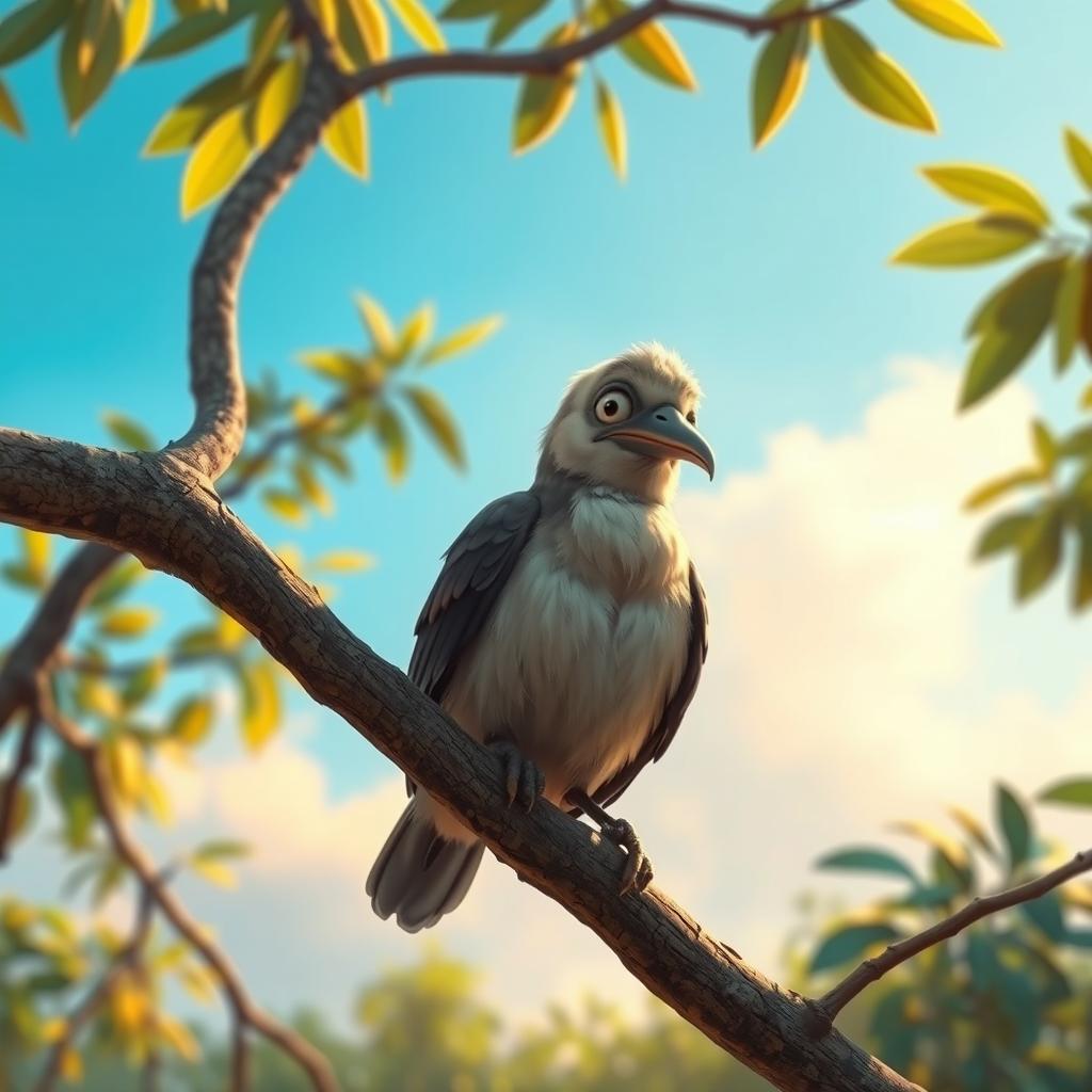 A bird named Meena looks regretful as it sits on a tree branch with no beak