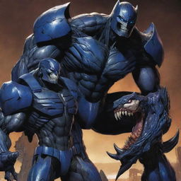 Megatron from Transformers bonding with Venom from Marvel comics. They are both in their iconic forms, exchanging menacing glances while a blue aura surrounds them.