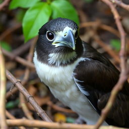 A bird named Mina, released back into the wild but now without her beak, appearing remorseful for her past actions, set in a natural environment with branches and leaves