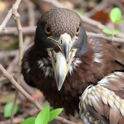 A bird named Mina, released back into the wild but now without her beak, appearing remorseful for her past actions, set in a natural environment with branches and leaves