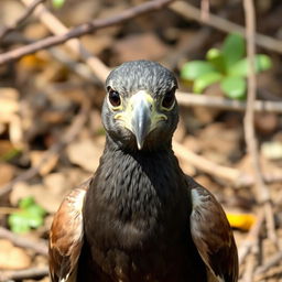 A bird named Mina, released back into the wild but now without her beak, appearing remorseful for her past actions, set in a natural environment with branches and leaves