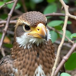 A bird named Mina, released back into the wild but now without her beak, appearing remorseful for her past actions, set in a natural environment with branches and leaves