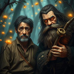 A worried poet, his face a canvas of stress and introspection, stands alongside a bearded strong bard with a commanding presence, his eyes glowing with mystical energy