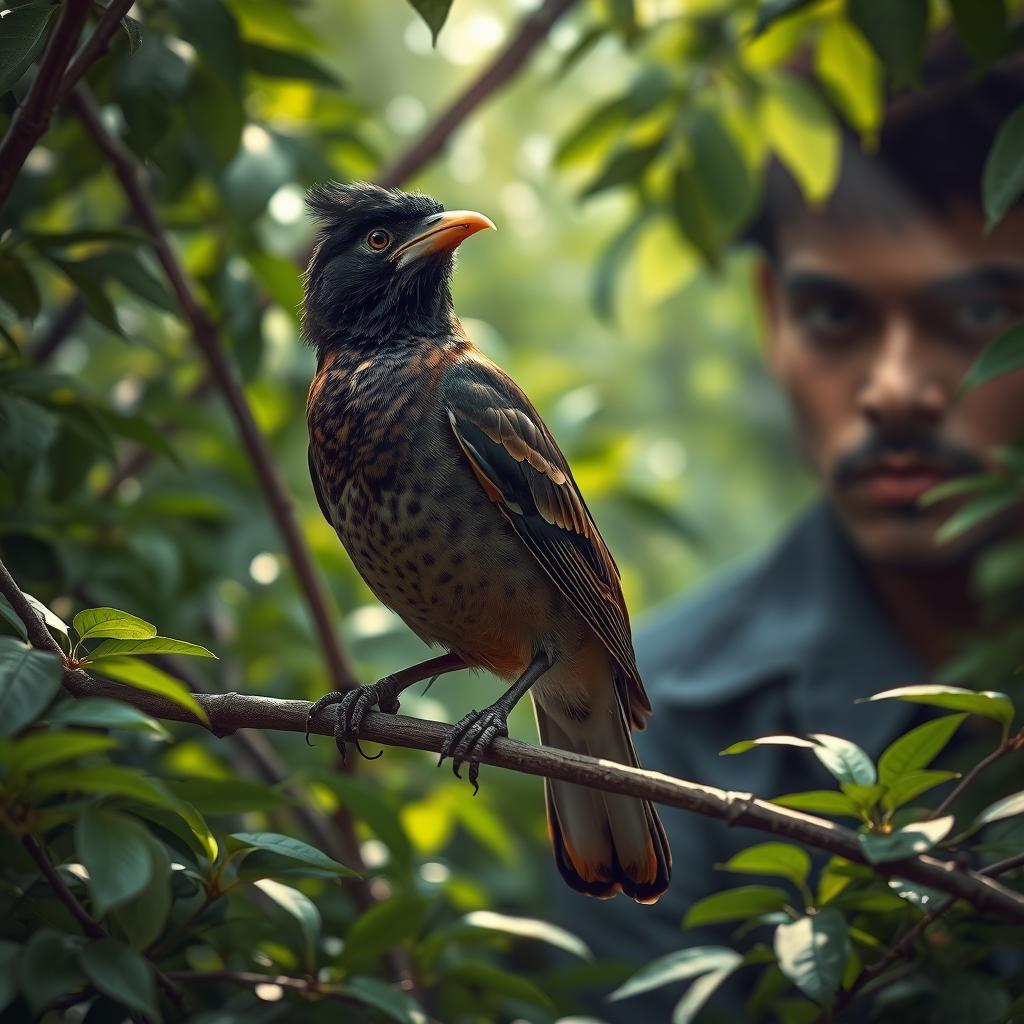 A heart-wrenching scene depicting a myna bird with a missing beak, perched on a tree branch with a sorrowful stance