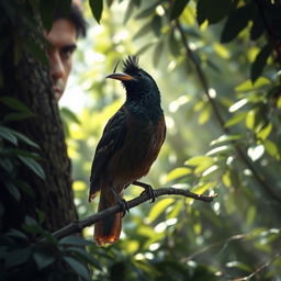 A heart-wrenching scene depicting a myna bird with a missing beak, perched on a tree branch with a sorrowful stance