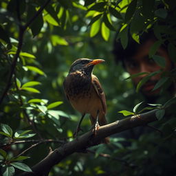 A heart-wrenching scene depicting a myna bird with a missing beak, perched on a tree branch with a sorrowful stance