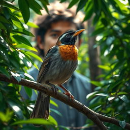 A heart-wrenching scene depicting a myna bird with a missing beak, perched on a tree branch with a sorrowful stance