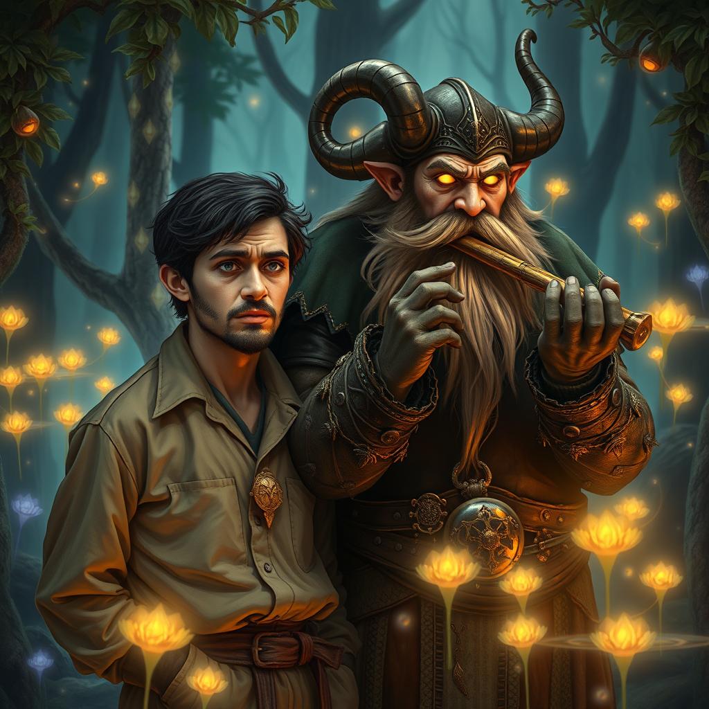 A worried poet, embodying a reflective and contemplative air, stands next to a devious bearded strong trickster bard, his eyes glowing with mischief and enigmatic charm