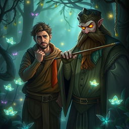 A worried poet, embodying a reflective and contemplative air, stands next to a devious bearded strong trickster bard, his eyes glowing with mischief and enigmatic charm