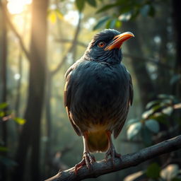 A myna bird with a missing beak, perched on a branch with expressive eyes