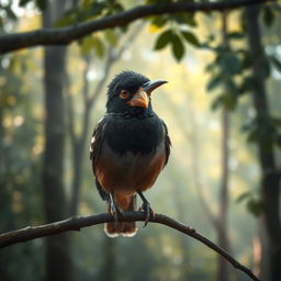 A myna bird with a missing beak, perched on a branch with expressive eyes