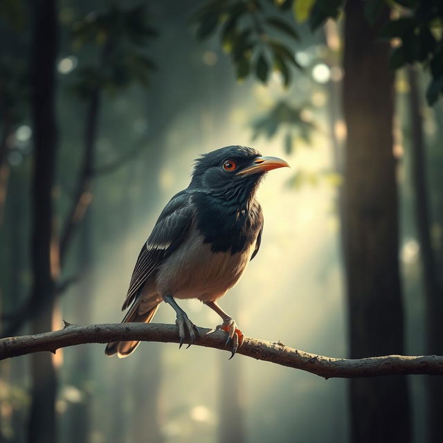 A myna bird with a missing beak, perched on a branch with expressive eyes