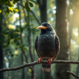 A myna bird with a missing beak, perched on a branch with expressive eyes