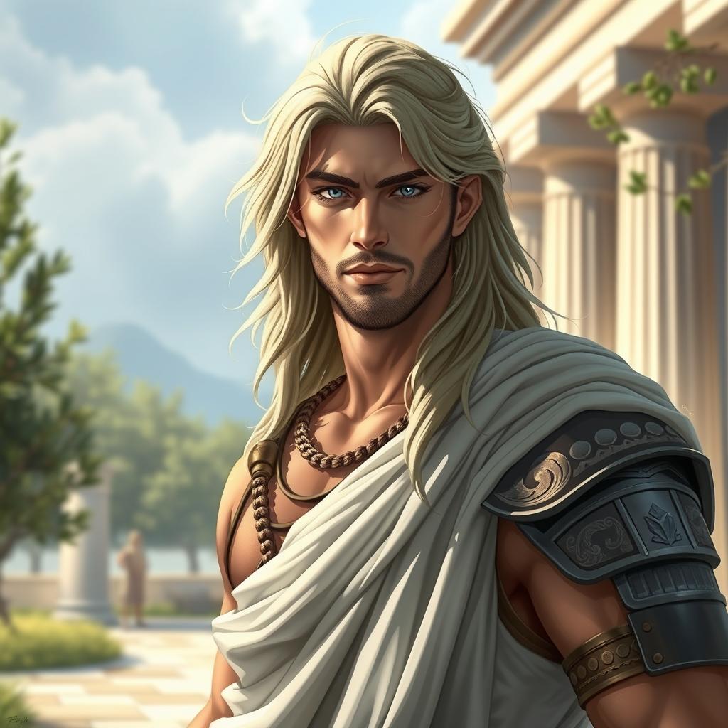 A portrait of a male character resembling an ancient Greek mythology figure, with long flowing hair and a strong, heroic expression