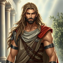 A portrait of a male character resembling an ancient Greek mythology figure, with long flowing hair and a strong, heroic expression